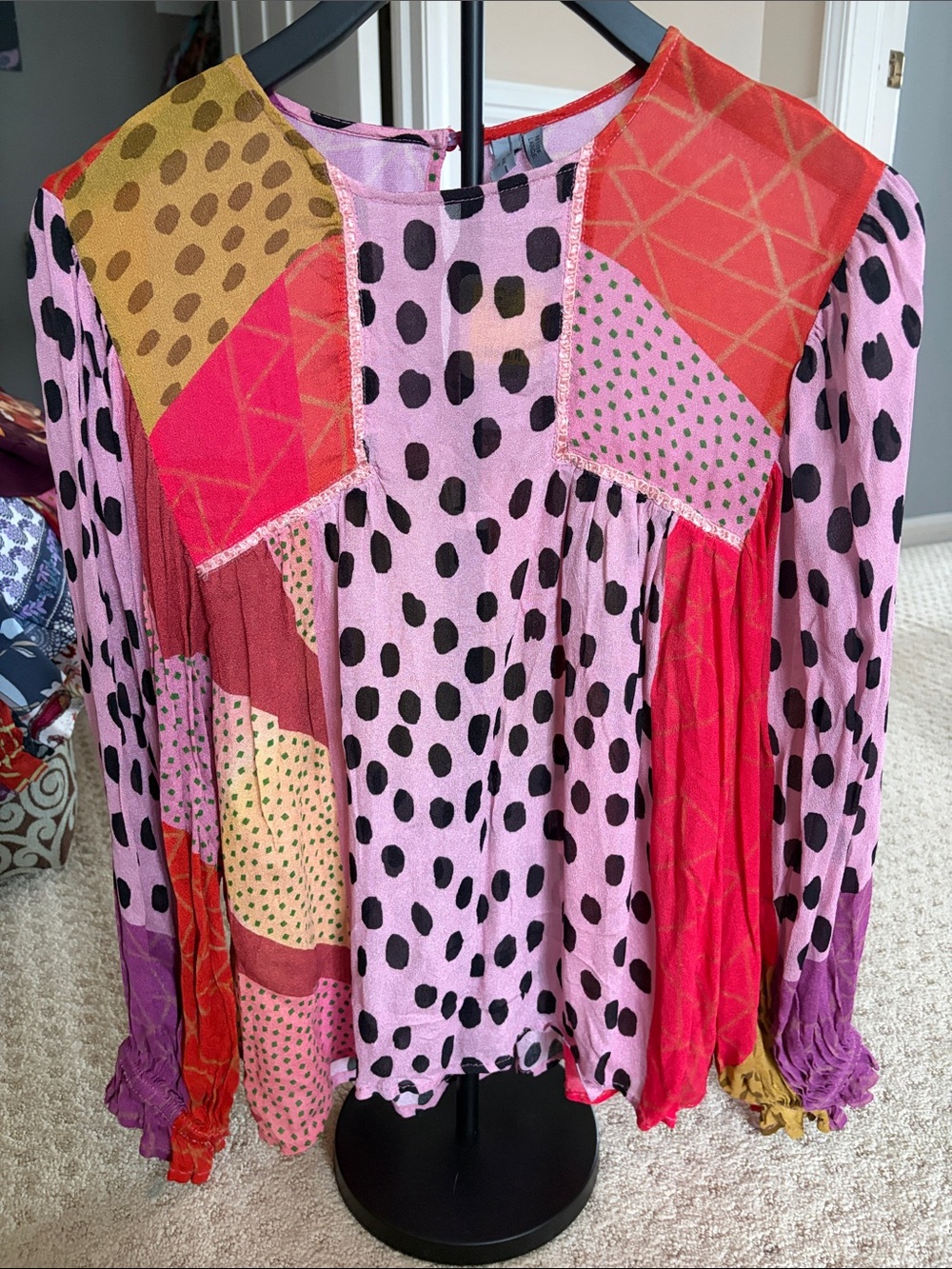Mixed-Print Peasant Blouse in Pink & Red